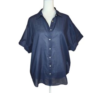 Line 100% Cotton Navy Button Front Short Sleeve Shirt Rolled Cuffs Size Large